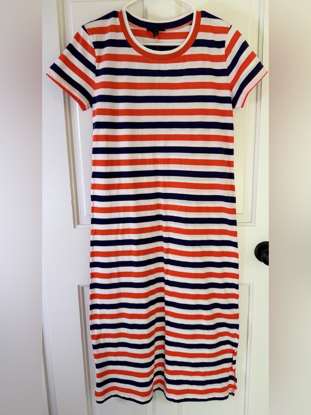 J.Crew Striped T-Shirt Midi Dress Small Orange Navy White NWT
